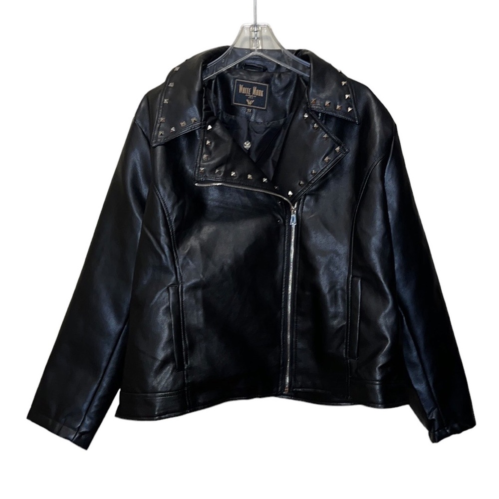 WHITE MARK Biker Jacket~Faux Leather/Studded Collar~3X